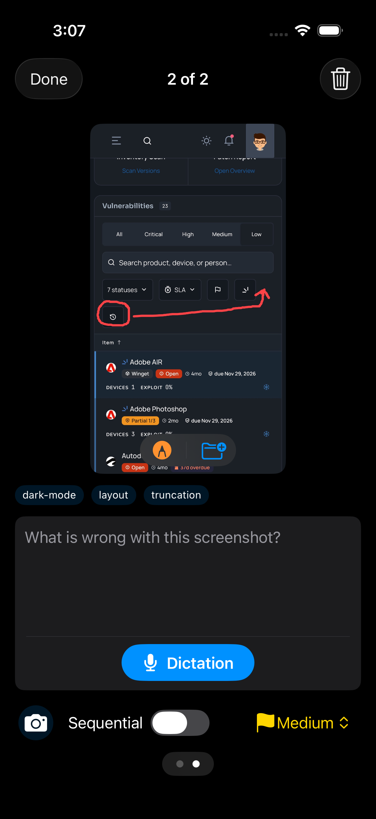 Dictating what's wrong with a marked-up screenshot in Vox Issue